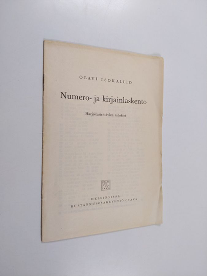 Olavi Isokallio : Numero- ja kirjainlaskento : harjoitustehtävien tulokset