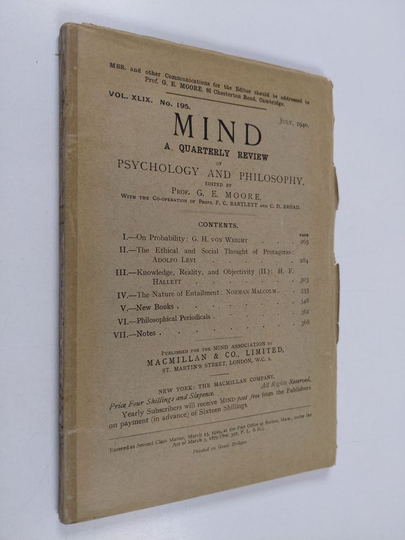 G. E. Moore : Mind, Vol. XLIX, No. 195, July 1940: A Quarterly review of Psychology and Philosophy